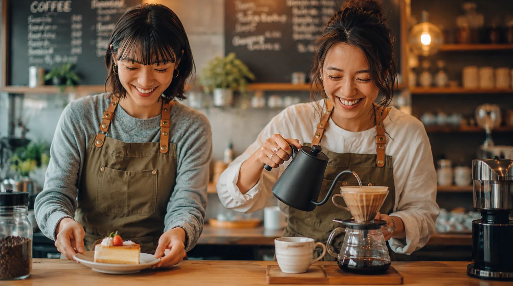 カフェで笑顔で働く二人の女性スタッフ
